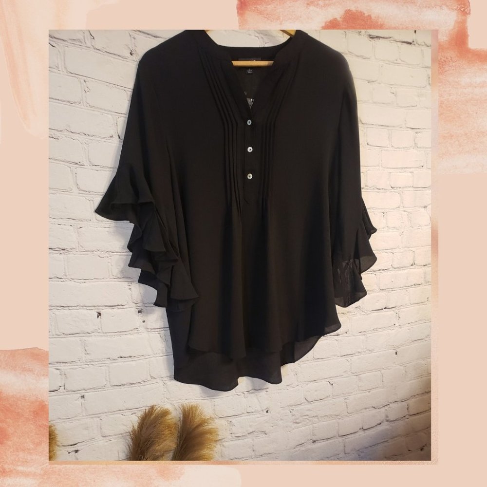 NWOT Black Half Flutter Bell Sleeve V-Neck Button Blouse - Picture 2 of 5